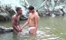 Tall lean Latino skinny-dipping before oral 2some