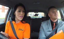 Busty babe sucks big cock in car