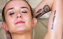 Skinny tattooed blonde takes sexy Shower in 4K