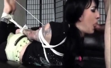 Asian whore blindfolded, gagged and used as a cum dumpster