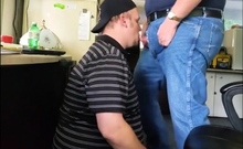 Daddy trucker dumps a quick load in Chubby Boy's mouth...