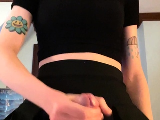 Tattood shemale tranny plays with ass during masturbation