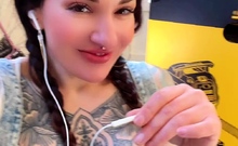 Busty curly brunette with big boobs fucks on couch