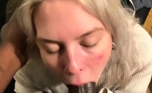 Big tit blonde gives blowjob to big cock
