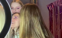 Blonde and brunette lesbians stripping and making out